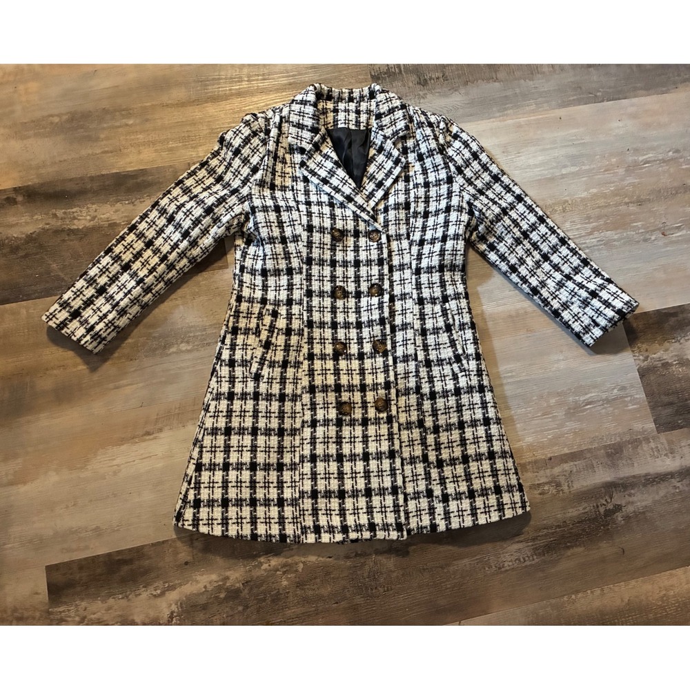 Unbranded Black White Plaid Tweed Double Breasted Mid Length Coat Womens Small